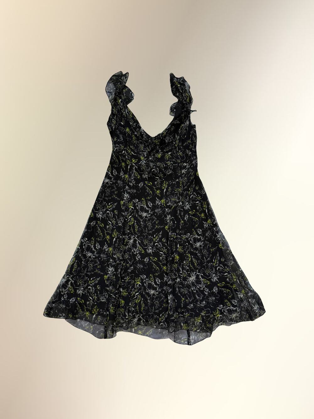 Vintage Nine West Black Green Silk Floral Chiffon Midi Dress Sz 12